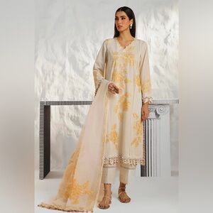 SANA SAFINAZ White and Yellow Embroidered Dress